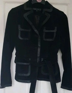 NEXT Womens Suede Leather Jacket UK 14 Black Lined Belted L24" Vgc - Picture 1 of 15