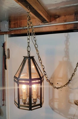 Lámpara de cadena de techo de linterna de jaula de bronce de latón iluminación de arte georgiano vintage Foto 1 de 4