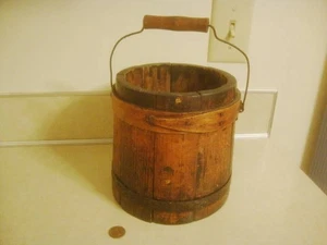 Vintage Sugar FIRKIN BUCKET Single Finger Band Old Paint Original Wire Bale! - Picture 1 of 9