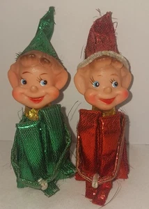 Vintage Knee Hugger Elves Pixies Christmas Ornaments Green Red Metallic Lame'... - Picture 1 of 10