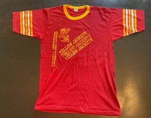 Vintage 1980s Thomas Jefferson Yellow Jackets Burgundy Striped Sleeve T Shirt S - Picture 1 of 6