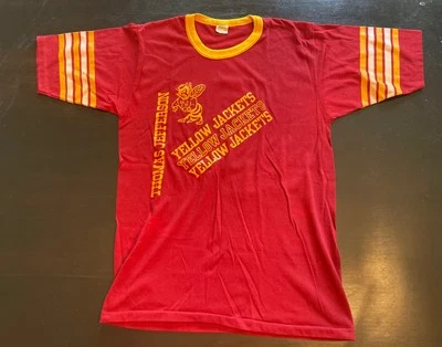 复古 20 世纪 80 年代 Thomas Jefferson 黄色夹克勃艮第条纹袖 T 恤 S — 第 1/4 张图片