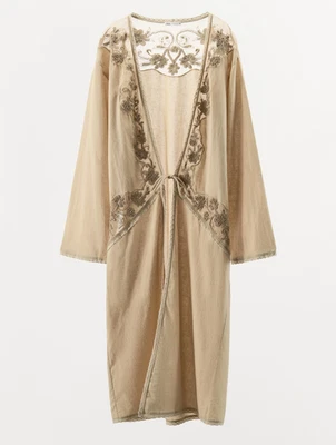 Zara Long Beaded Embroidered Lace Linen Kimono Beige Size XS-S M-L 7521/529 New - Image 1 of 4