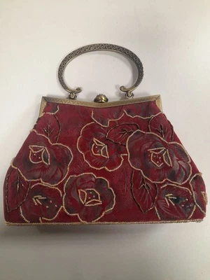 Beaded Floral Red Velvet Small Clutch #1060 - Image 1 of 4