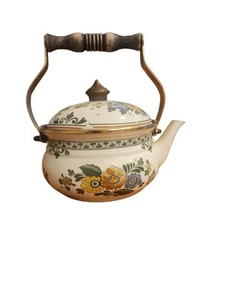 Vintage ASTA Germany Enamel Tea Kettle Teapot Floral with Lid - Picture 1 of 7