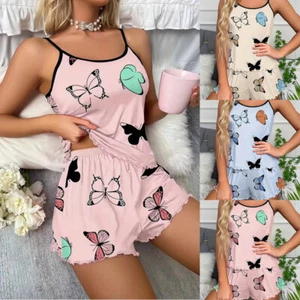 Butterfly Print Women Sleep Pyjamas Set Homewear Nightwear Sleepwear Lingerie - Picture 1 of 23