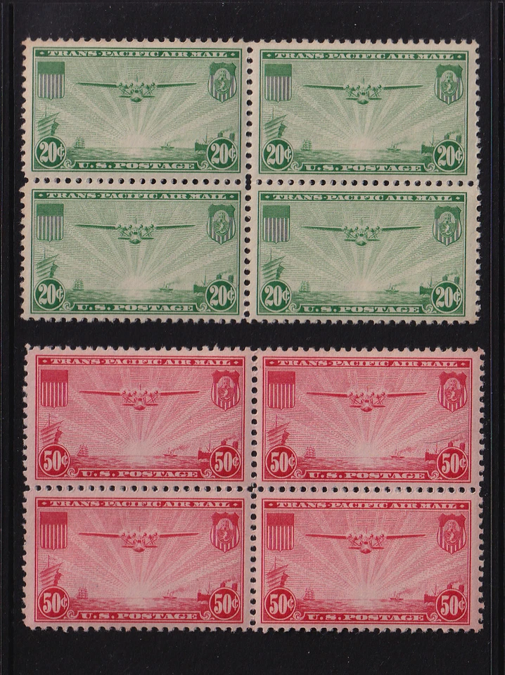 1937 Sc C21 C22 AIRMAIL 20c & 50c blocks of 4, fresh MNH original gum, CV $80 (S - Image 1 of 1