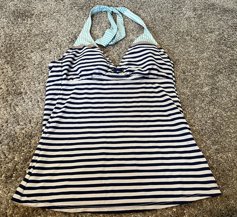 Sperry Top Sider 小号 Tankini 游泳上衣条纹蓝色白色吊带薄衬垫 — 第 1/4 张图片
