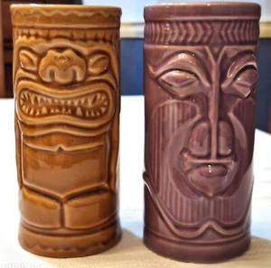 Pair of 2001 Ceramic Tiki Mugs Accoutrements Purple & Brown Hawaiian Style 8 oz - Picture 1 of 6