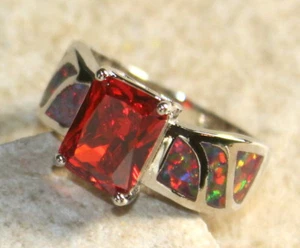 PLATEADO Elegante Anillo Rectangular Naranja Ópalo de Fuego y Naranja Granate Talla 6, WR41304 - Imagen 1 de 3