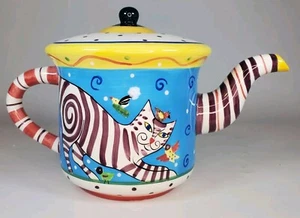 Dana Simson Whimsical Hand Painted Art Pottery Cat Kitty Teapot Henriksen Import - Picture 1 of 7