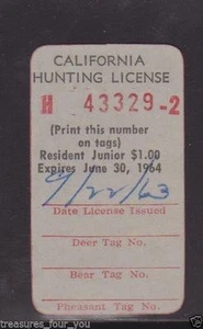 1963-1964 California Hunting License Validation Stamp Waterfowl Resident Junior - Picture 1 of 1