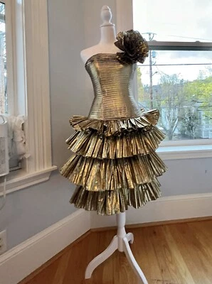 Vintage Victor Costa Gold Lame Gown Dress Tutu Tiered Ruffles Party Cocktail XS - Image 1 of 4