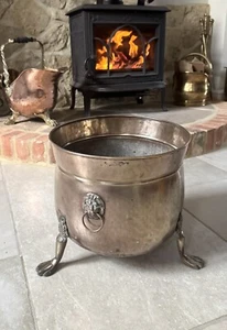 Antique Vintage Brass Jardiniere Planter Log Box Lion Head Handles Claw Feet - Picture 1 of 14