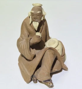 Antique Miniature Chinese Ceramic Clay Mud Men Figurine w/ Pot 2-1/8" - Picture 1 of 8