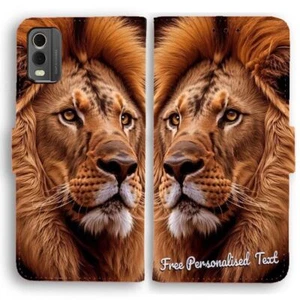 Personalised Text Wallet Phone Cover For Nokia Series -  Lion Portrait Print - Picture 1 of 1