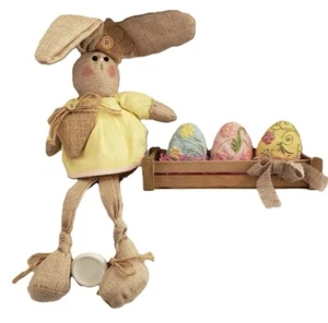 Ganz Burlap Easter Bunny Primitive Shelf Sitter & Three 3D Eggs With Crate NEW - Picture 1 of 13