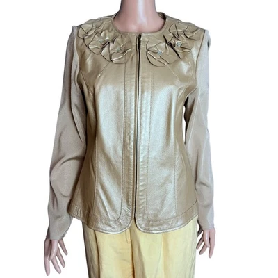 Peter Nygard Mixed Media Gold Leather And Knit Jacket Medium Floral Detail Luxe - Image 1 of 4