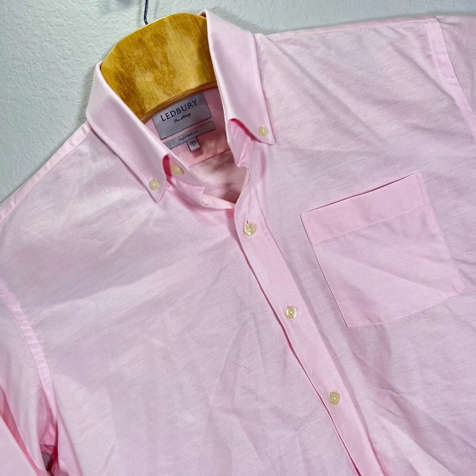 Ledbury Fine 男式粉色剪裁合身纽扣衬衫男式 L 16 1/2 — 第 1/4 张图片