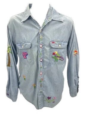 XL Blue Chambray Shirt Shacket Crewel Holly Hobby Mushroom Parrot Vtg JCP - Image 1 of 4