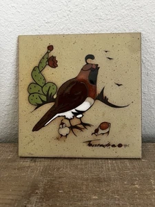 Cleo Teissedre Ceramic Tile Trivet Mother Quail & Chicks Cactus Southwest Art - Picture 1 of 6