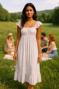 Mable Ditsy Floral Cottagecore Maxikleid Rüschen Stufen Taschen Damen Größe M - Bild 1 von 18