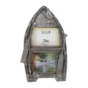 Vtg Pewter Fishing Boat Double-Photo Frame Easel Fish Charm By SIXTREES 7" Tall - Picture 1 of 3