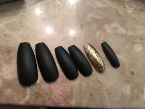 Black Matte & Gold long Coffin Ballerina Stilettos False Nails - Picture 1 of 2