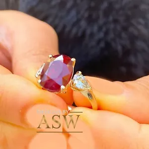 ANELLO ORO GIALLO 14 KT NATURALE OVALE RUBINO E PERA DIAMANTI MATRIMONIO SPOSA 5,00CT - Foto 1 di 10