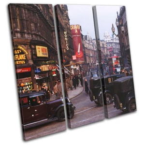 London Vintage Photo Cars Red Bus City TREBLE CANVAS WALL ART Picture Print - Picture 1 of 1