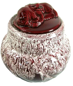Gonder Sleeping Puppy Dog Cookie Jar Lid Maroon White Foam Drip Glaze 1950s VTG - Picture 1 of 12