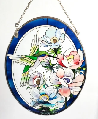 Amia Denver Stained Glass Hummingbird Flower Handpainted Sun Catcher 7” x 5” - Image 1 of 4