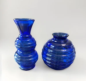 Cobalt Blue Beehive Vase LOT of 2 Marked USA 4 and 5 Glass Art MCM Ribbed - Picture 1 of 17