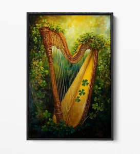 PINTURA AL ÓLEO DE ARPA IRLANDESA - IMPRESIÓN DE ARTE DE PARED DE LIENZO ENMARCADO EFECTO FLOTADOR PROFUNDO - Imagen 1 de 12