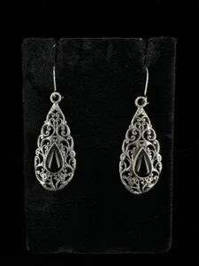 Vintage Argento Sterling Onice Nera Bali Lacrima Pendente/Pendente Orecchini - Foto 1 di 6
