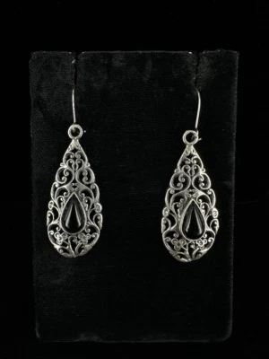 Vintage Argento Sterling Onice Nera Bali Lacrima Pendente/Pendente Orecchini - Immagine 1 di 4