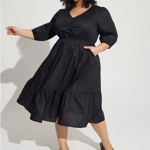 Torrid Midi Poplin Tiered Dress 3X Black NWT Puff Sleeves Elastic Waist - Picture 1 of 10