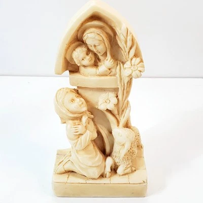 Vtg Resin Madonna & Child with Adoring Girl and Lamb Religious Figurine Statue - Image 1 of 4