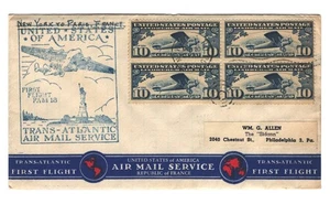 U.S.C7 BLOCK OF FOUR FIRST FLIGHT COVER NEW YORK TO PARIS FRANCE 1939 - Picture 1 of 2