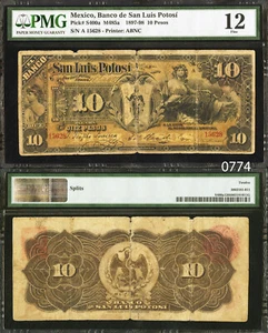 0774: SCARCE 1897 EL BANCO DE SAN LUIS POTOSI 10 PESOS - PMG F12 - Picture 1 of 1