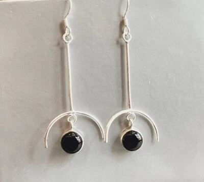 Onice 925 Argento Sterling Rotondo Forma Donna Mano Orecchini Naturale Gemma - Immagine 1 di 4