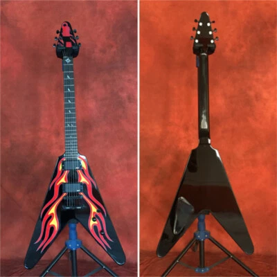 Custom Red Flame Flying V Electric Guitar James Hetfield HH Pickups Solid Body - Image 1 of 4
