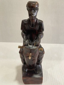 HAND CARVED WOOD SCULPTURE MAN SEATED PLAYING BONGO DRUM CARVED SIGNATURE - Picture 1 of 12