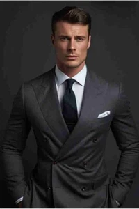 Men's Dark Grey Double Breasted Suit, Elegant Slim Tailored Fit & Formal Wear - Imagen 1 de 5