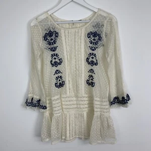 Free People Womens Small Blouse Top Lace Polka Dot Button Back Embroidered Ivory - Picture 1 of 3