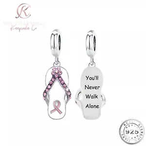 Pink Cancer Ribbon Charm - You'll Never Walk Alone Genuine 925 Sterling Silver - Picture 1 of 5