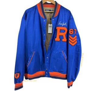 Polo Ralph Lauren Men's Blue/Orange Satin Letterman Bomber Jacket, Size XXL 2XL - Picture 1 of 24