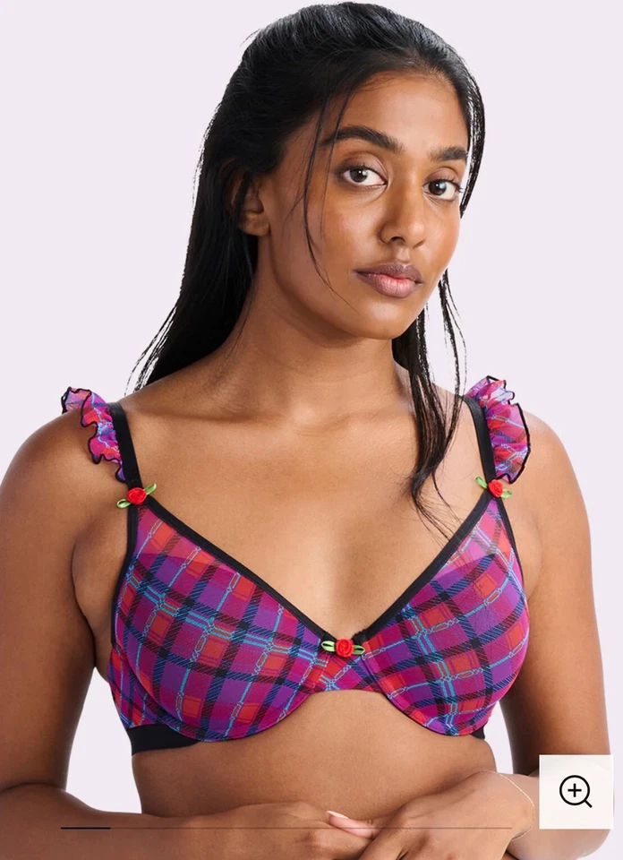 Parade Women's Plaid Silky Mesh Flutter Stap T-Shirt Bra - Magenta/Blue M