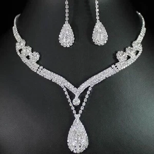 Hochzeit Abschlussball Braut Kristall Diamant Träne Tropfen Halskette Ohrringe Schmuck Set - Bild 1 von 8