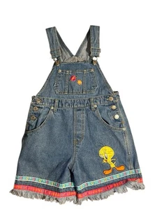 Vintage Looney Tunes Tweety Bird Jean Overall Shorts Embroidered - Picture 1 of 15
